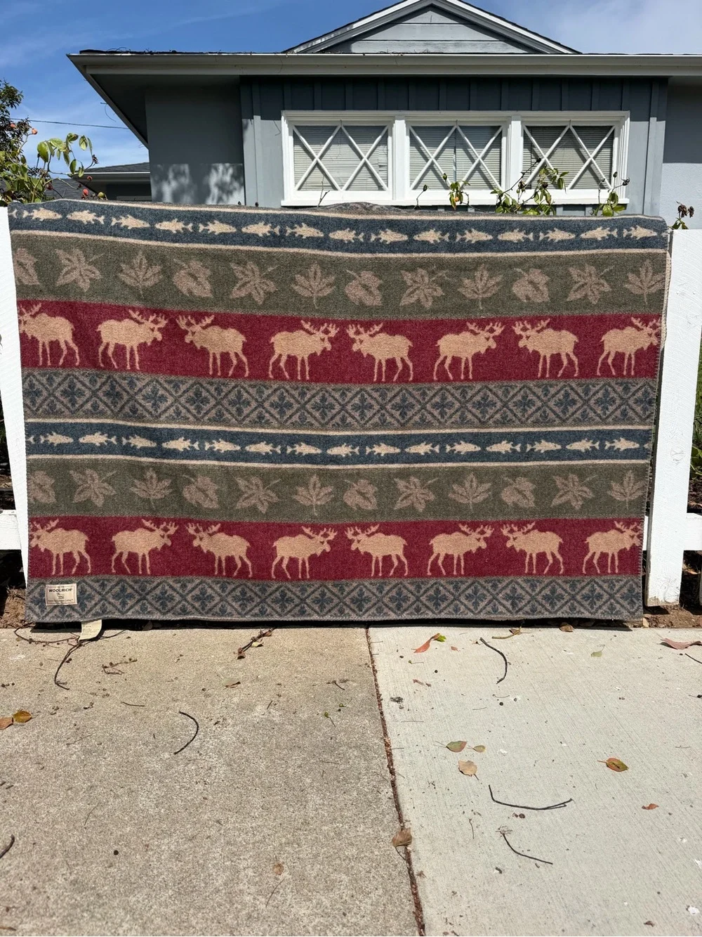 VTG Woolrich Lodge Camp Fair Isle Blanket Sherpa Moose Fish Leaves 57x64 GUC